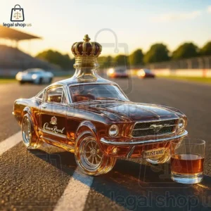 1965 Ford Mustang Whisky Bottle Collector's Edition A glass whiskey decanter shaped like a classic Ford Mustang with a Crown Royal crown topper on a racetrack.
