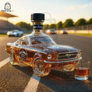 1965 Ford Mustang Whisky Bottle Collector's Edition A glass bottle shaped like a vintage Ford Mustang filled with amber whiskey on a racetrack.