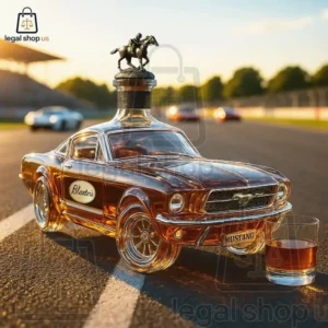 1965 Ford Mustang Whisky Bottle Collector's Edition A glass bottle shaped like a vintage Ford Mustang filled with amber whiskey sitting on a racetrack.