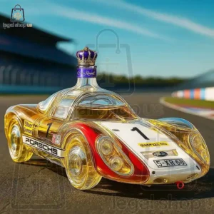 A creative rendering of a race car shaped like a Crown Royal whisky bottle on a track.