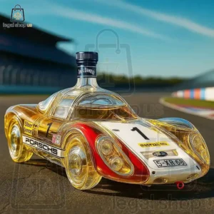 A creative rendering of a Jack Daniel's whiskey bottle shaped like a vintage Porsche race car on a track.
