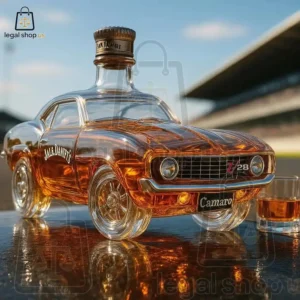 1969 Camaro Z28 Collector's Edition Whisky Bottle Glass whiskey bottle shaped like a Chevrolet Camaro Z28 with amber liquid inside.