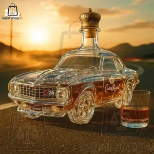 1969 Camaro Z28 Collector's Edition Whisky Bottle Glass decanter shaped like a vintage Chevrolet Camaro Z28 car filled with amber whiskey