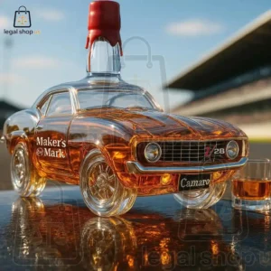 1969 Camaro Z28 Collector's Edition Whisky Bottle Glass decanter shaped like a classic Chevrolet Camaro Z/28 filled with bourbon whiskey