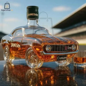1969 Camaro Z28 Collector's Edition Whisky Bottle A glass bottle shaped like a vintage Chevrolet Camaro Z28 filled with Jameson Irish Whiskey