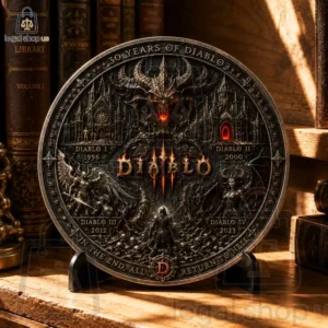 Diablo 30th Anniversary Collectible Coin Collection Commemorative 30 Years of Diablo circular plaque on a wooden surface.