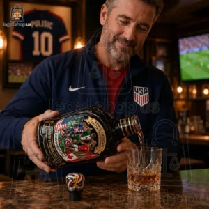 2026 North American Soccer Championship Host Cities Whiskey Bottle A man pouring a drink from a commemorative 2026 World Cup bottle