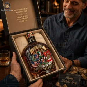 2026 North American Soccer Championship Host Cities Whiskey Bottle Man receiving a commemorative 2026 soccer championship themed gift box with an intricately designed liquor bottle.