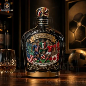 2026 North American Soccer Championship Host Cities Whiskey Bottle Commemorative 2026 World Cup soccer-themed glass decanter featuring USA, Mexico, and Canada players.