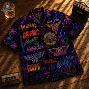 80s Rock Band Collage Neon Light Hawaiian Shirt