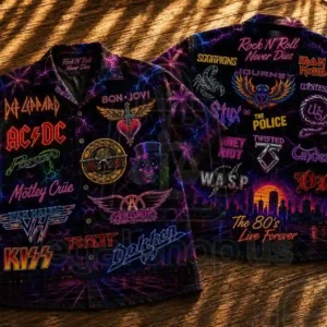 Vintage 80s rock band logos print short sleeve button-up shirt