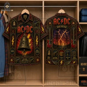 Front and back view of an AC/DC band graphic print short-sleeve button-up shirt in a closet.