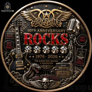 Aerosmith 50th Anniversary Rocks commemorative collector coin featuring iconic rock and roll imagery