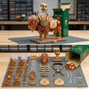 Bison Spirit Buffalo Whiskey Bottle Building Brick Set Buffalo Trace 250th Anniversary building block set assembled and disassembled.