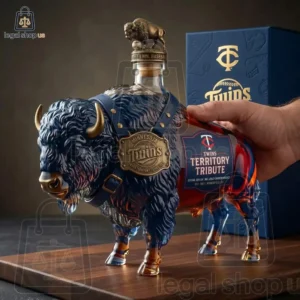 A decorative Minnesota Twins bourbon bottle shaped like a bison on a wooden base.