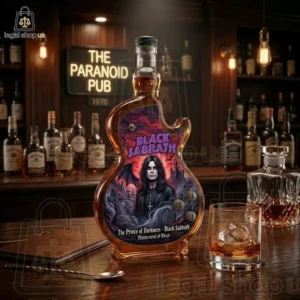 Guitar-shaped Black Sabbath themed whiskey bottle in a pub setting
