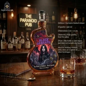 Guitar-shaped Black Sabbath glass bottle featuring an illustration of Ozzy Osbourne on a tavern bar counter.