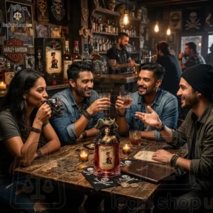 A group of friends enjoying drinks at a pirate-themed tavern featuring a decorative pirate bottle.