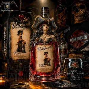 Blackheart Cursed Queen Collector Edition Bottle Blackheart Premium Spiced Rum bottle with a pirate-themed 3D topper and matching packaging.