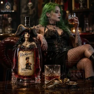 Blackheart Cursed Queen Collector Edition Bottle Blackheart Premium Spiced Rum bottle with a pirate-themed sculptural topper next to a woman with green hair holding a glass