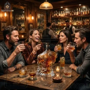 A group of friends laughing while drinking whiskey at a wood table with a unique bison-shaped decanter.