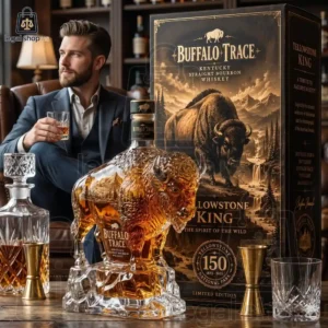 Buffalo Trace Yellowstone 150 Heritage Edition Bottle A man in a suit relaxing with a glass of bourbon next to a special edition Buffalo Trace bison-shaped whiskey decanter.