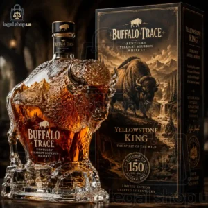 Buffalo Trace Yellowstone 150 Heritage Edition Bottle A decorative buffalo-shaped crystal decanter filled with Buffalo Trace Kentucky Straight Bourbon Whiskey displayed next to its Yellowstone King limited edition box.