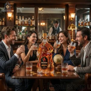 A group of four friends enjoying drinks in a sophisticated bar with a Captain Morgan statue on the table
