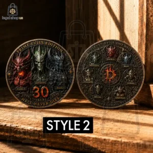 Diablo 30th Anniversary Collectible Coin Collection Two commemorative Diablo series metal coins featuring demon lords and 30th anniversary text.