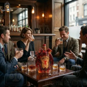 A group of professionals enjoying whiskey at a bar table.