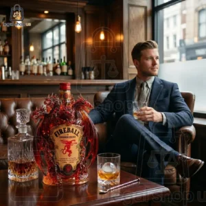 A man in a suit sitting in a leather chair next to a dragon-shaped Fireball Cinnamon Whisky bottle.