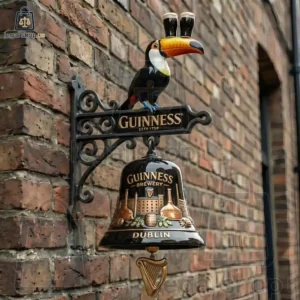 Guinness Brewery ESTD 1759 Heritage Collector’s Wall Bell Vintage Guinness pub sign with toucan and bell on a brick wall