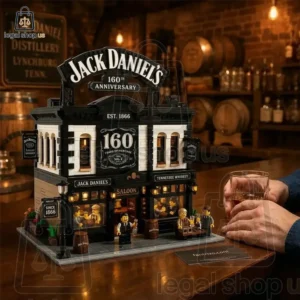 Best Jack Daniels 160th Anniversary Saloon Building Block Set A detailed brick-built model of a Jack Daniel's saloon celebrating its 160th anniversary displayed on a bar counter.