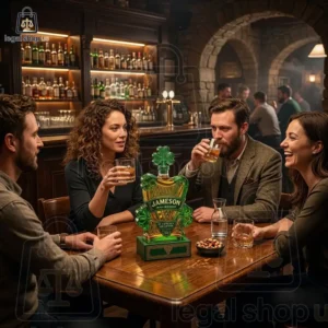 Group of friends drinking Jameson Irish Whiskey at a pub bar table.