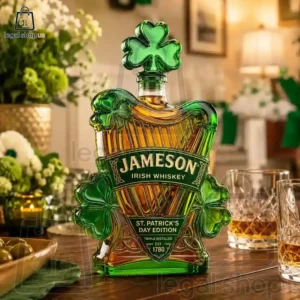 Jameson St. Patrick's Day Celtic Harp Irish Whiskey Bottle Jameson St. Patrick's Day special edition bottle shaped like an Irish harp with clover details