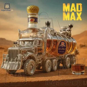 Mad Max War Rig Whisky Bottle Crown Royal whiskey decanter shaped like a post-apocalyptic tanker truck in a desert landscape.