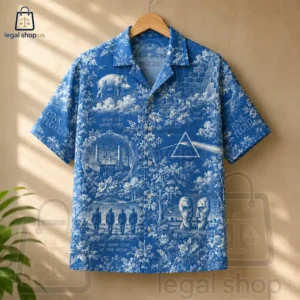 Blue button-down shirt featuring Pink Floyd album art in a toile pattern