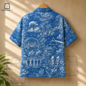 Blue button-up shirt featuring Pink Floyd album art illustrations