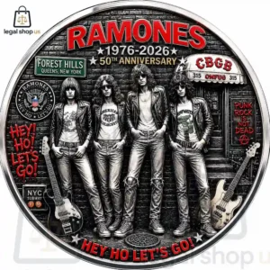 Ramones 50th Anniversary Punk Legacy Challenge Coin Ramones 50th anniversary commemorative circular plaque featuring the band members, CBGB sign, and iconic punk rock motifs.
