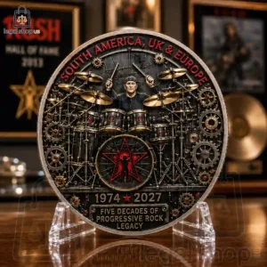 Rush Fifty Something Tour Time Machine Collector's Coin Commemorative Rush progressive rock coin featuring Neil Peart on a drum kit.