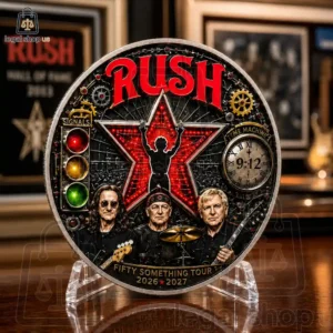 Rush Fifty Something Tour Time Machine Collector's Coin Commemorative Rush band circular plaque featuring Geddy Lee, Neil Peart, and Alex Lifeson.