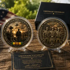 Two commemorative Vietnam Veteran challenge coins with display stands and certificate of authenticity.