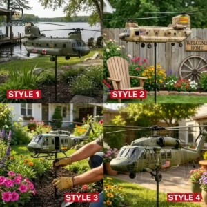 Vietnam Veteran Memorial Huey Helicopter Wind Spinner Collection of four distinct military helicopter garden stakes and spinners displayed in outdoor yard settings.