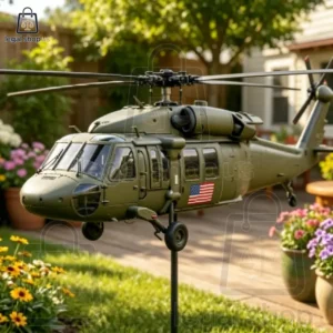 Vietnam Veteran Memorial Huey Helicopter Wind Spinner Olive drab military helicopter scale model on a garden stake
