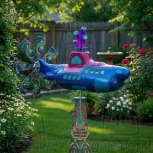 Colorful Yellow Submarine garden whirligig spinner in a lush backyard setting