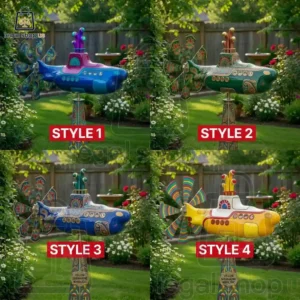 Four variations of a colorful submarine-shaped garden wind spinner showcased in a lush green backyard.