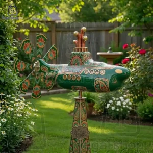 Green Yellow Submarine garden whirligig spinner with paisley patterns in a blooming yard