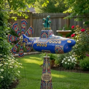 Blue Yellow Submarine garden whirligig spinner with ornate paisley and floral patterns.
