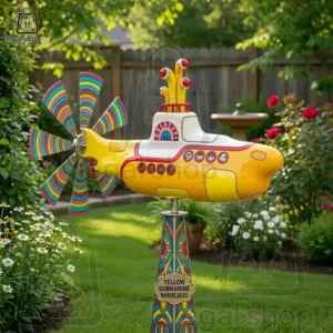 A Yellow Submarine themed wind spinner standing in a garden