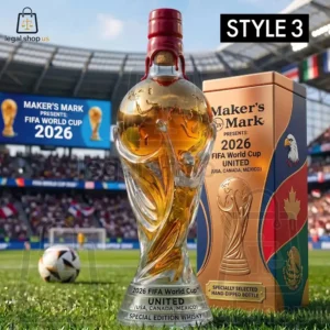 Maker's Mark 2026 FIFA World Cup commemorative whisky bottle with custom trophy-shaped glass.